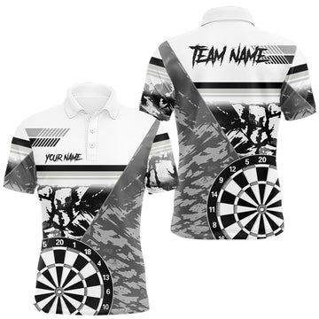 Maxcorners Custom Black And White Grunge Darts Shirt For Men, Darts Team Jersey Polo & 1/4 Zip