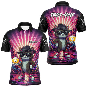Maxcorners Funny Cat 9 Ball Billiard Shirt For Men Custom Pink Graffiti Billiard Jersey Team Polo & 1/4 Zip