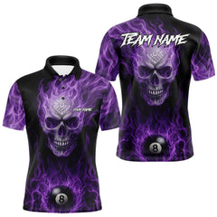 Maxcorners Purple Flaming Skull 8 Ball Fire Billiard Shirt For Men Custom Billiard Team Jersey Polo & 1/4 Zip MT1810