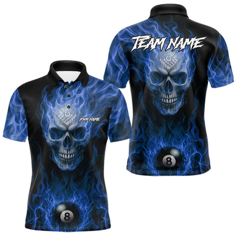 Maxcorners Blue Flaming Skull 8 Ball Fire Billiard Shirt For Men Custom Billiard Team Jersey Polo & 1/4 Zip MT1810
