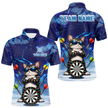 Maxcorners Personalized Blue Funny Cat Darts Shirt For Men Custom Darts Jersey Team Polo & Quarter Zip LM1910