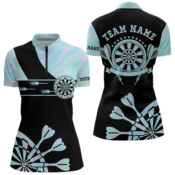 Maxcorners Holographic Blue Darts Tie Dye Polo & Quarter Zip Custom Dart Shirts For Men Glowing Dart Jerseys