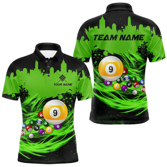 Maxcorners Custom Black And Green 9 Ball Billiard Pool Shirts For Men, 9 Ball Pool Billiard Team Jersey