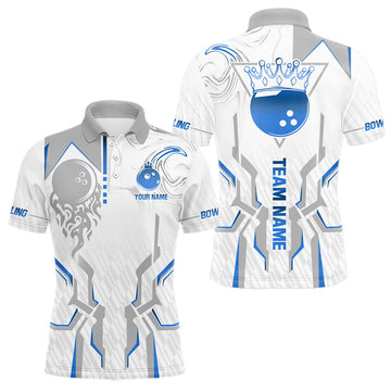 Maxcorners White And Blue Bowling Ball Crown Bowling Shirts For Men Custom Bowling League Team Jersey