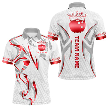 Maxcorners Custom Red Bowling Ball Crown Bowling Shirt For Men, Bowling Team Jersey Polo & 1/4 Zip | White