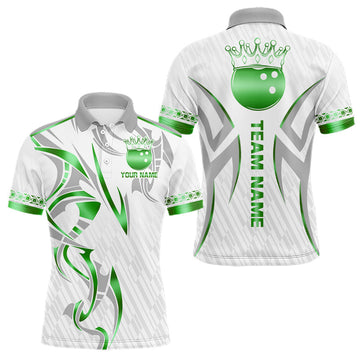 Maxcorners Custom Green Bowling Ball Crown Bowling Shirt For Men, Bowling Team Jersey Polo & 1/4 Zip | White