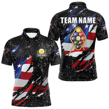 Maxcorners 9 Ball Pool US Flag Black Grunge Custom Men's Billiard Shirt, Patriotic Billiard Team Jersey