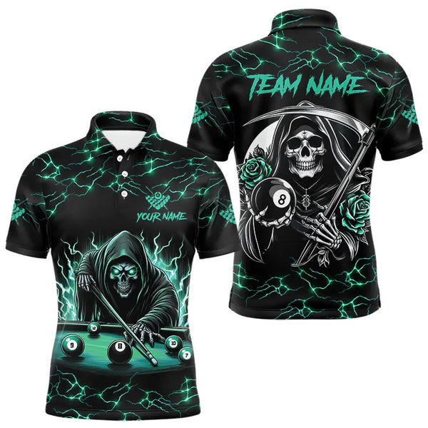 Maxcorners Turquoise Funny Death Skeleton Roses 8 Ball Pool Men Billiard Shirts Custom Thunder Billiard Jersey