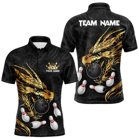 Maxcorners Black And Gold Custom Dragon Bowling Shirt For Men, Bowling Team Jersey Polo & Quarter Zip LM1903
