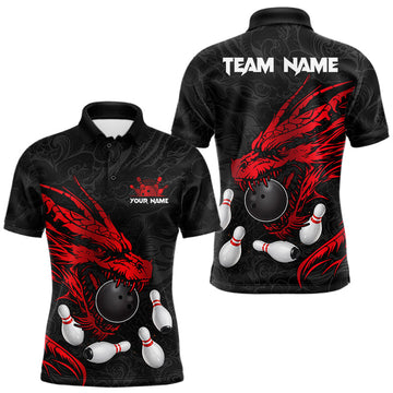 Maxcorners Black And Red Custom Dragon Bowling Shirt For Men, Bowling Team Jersey Polo & Quarter Zip LM1903