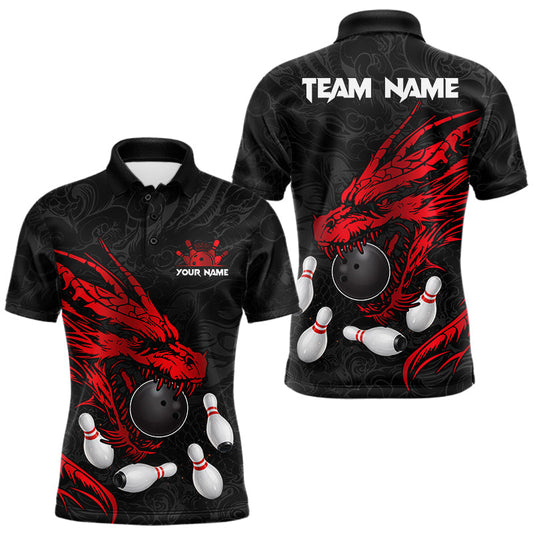 Maxcorners Black And Red Custom Dragon Bowling Shirt For Men, Bowling Team Jersey Polo & Quarter Zip LM1903