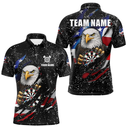Maxcorners Custom Eagle Darts Jersey For Men, Black Grunge American Flag Patriotic Darts Shirt Polo & 1/4 Zip LM2704