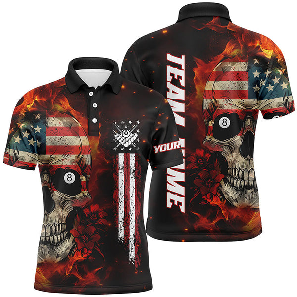 Maxcorners American Flag Skull Fire Billiard Jersey Customized Name, Team Name 3D Shirt