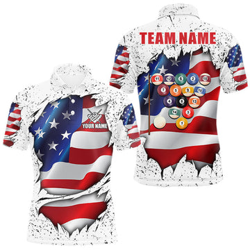 Maxcorners White Grunge American Flag Billiard Shirts For Men Custom 8 Ball Pool Team Jersey Polo, 1/4 Zip LM2306