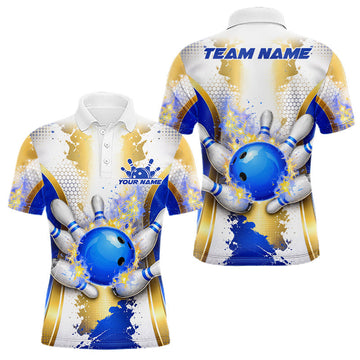 Maxcorners Bowling Ball Splatter Custom White, Blue & Gold Men's Bowling Shirt, Bowling Jersey Polo & 1/4 Zip