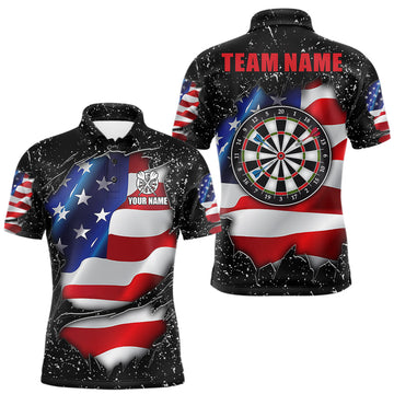 Maxcorners Black Grunge American Flag Darts Shirt For Men, Custom Patriotic Darts Team Jersey Polo & 1/4 Zip LM2306
