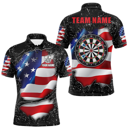 Maxcorners Black Grunge American Flag Darts Shirt For Men, Custom Patriotic Darts Team Jersey Polo & 1/4 Zip LM2306
