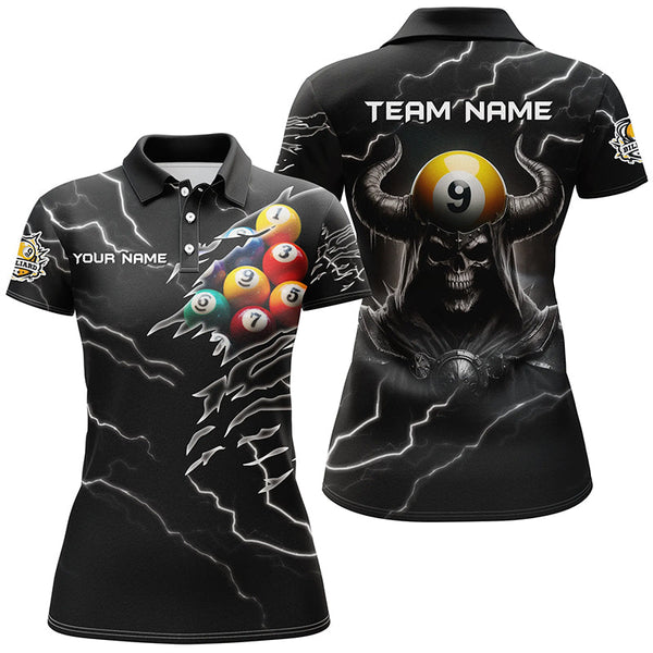 Maxcorners Billiard Skull 9 Ball Pool Customized Name, Team Name 3D Polo Shirt