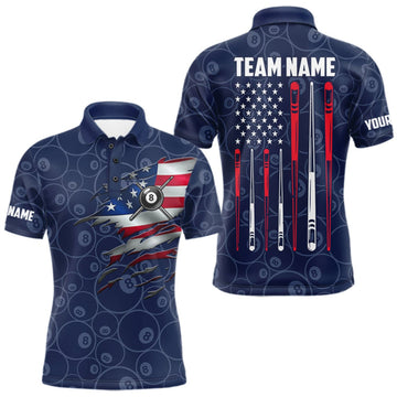 Maxcorners Navy Blue American Flag 8 Ball Billiard Jersey For Men Custom Patriotic Pool Team Shirts LM2709