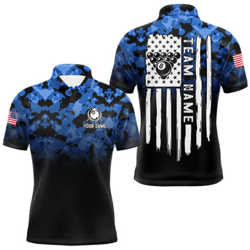 Maxcorners Black And Blue Camo US Flag 8 Ball Billiard Jersey For Men Custom Patriotic Pool Team Shirts LM2709