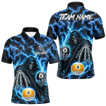 Maxcorners Blue Grim Reaper Thunder Lightning Billiard Shirts For Men Custom 8 Ball & 9 Ball Pool Team Jersey
