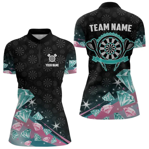 Maxcorners Funny Pink And Turquoise Diamonds Darts Polo & Quarter Zip Custom Dart Shirts For Men Dart Jerseys