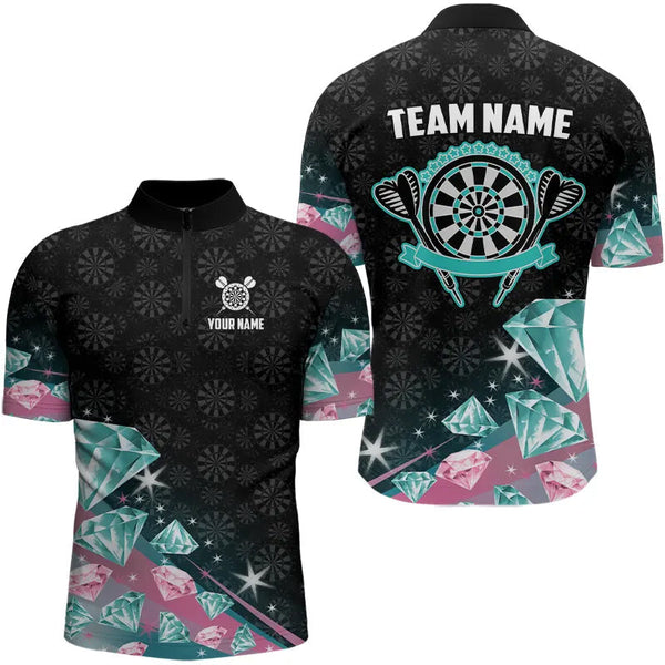 Maxcorners Funny Pink And Turquoise Diamonds Darts Polo & Quarter Zip Custom Dart Shirts For Men Dart Jerseys