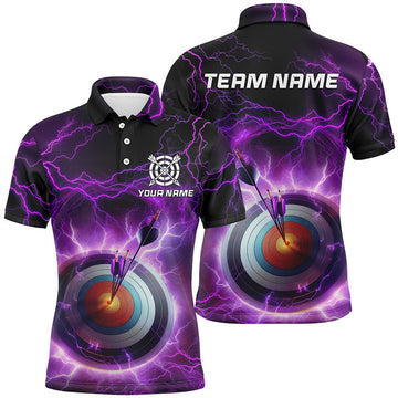 Maxcorners Personalized Archery 3D Target Custom Purple Thunder Lightning Men Polo Shirts, Archery Jerseys