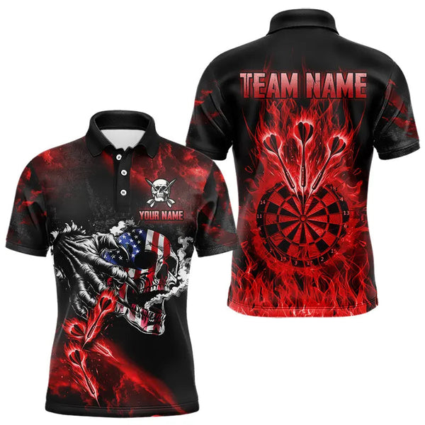 Maxcorners Fire Flame Darts Board American Flag Skull Dart Shirts For Men Custom Darts Team Jerseys | Red