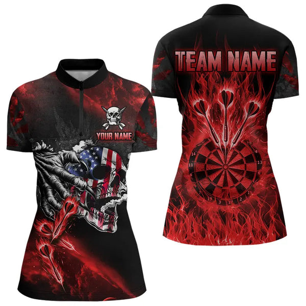 Maxcorners Fire Flame Darts Board American Flag Skull Dart Shirts For Men Custom Darts Team Jerseys | Red