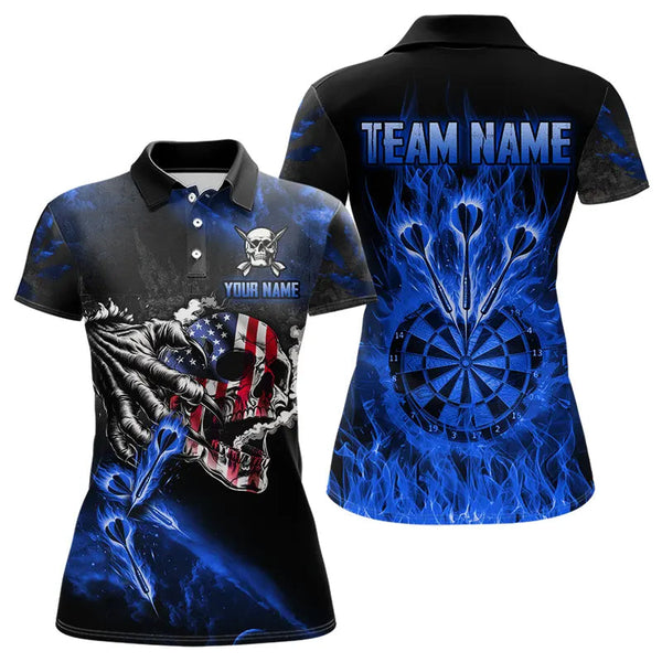 Maxcorners Fire Flame Darts Board American Flag Skull Dart Shirts For Men Custom Darts Team Jerseys |Blue