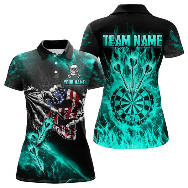 Maxcorners Fire Flame Darts Board American Flag Skull Dart Shirts For Men Custom Darts Team Jerseys |Turquoise