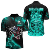 Maxcorners Fire Flame Darts Board American Flag Skull Dart Shirts For Men Custom Darts Team Jerseys |Turquoise