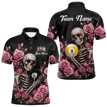 Maxcorners Custom Pink 8 Ball & 9 Ball Roses And Skeleton Gothic Billiard Shirts For Men, Pool Team Jersey LM2607