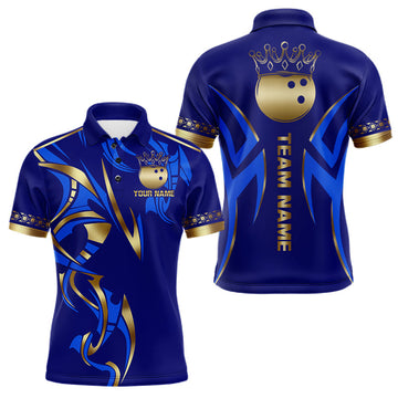 Maxcorners Blue And Gold Custom Crown Bowling Ball Polo & Quarter Zip Shirts For Men, Bowling Team Jersey
