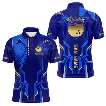 Maxcorners Blue And Gold Custom Crown Bowling League Shirts For Men, Bowling Team Jersey Polo & 1/4 Zip