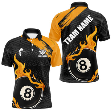 Maxcorners Black And Orange Flaming 8 Ball Billiard Shirt For Men Custom Pool Team Jersey Polo & 1/4 Zip LM2901