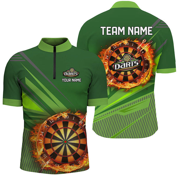 Maxcorners Personalized Green Dartboard Fire Flame 3D All Over Print Darts Shirts For Men, Darts Jersey Attire