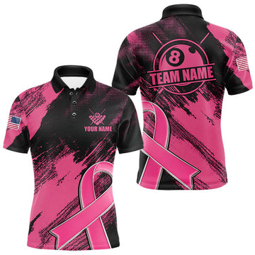 Maxcorners Personalized Pink Ribbon 8 Ball Billiard Shirts For Men, Breast Cancer Awareness Pool Team Jersey LM2607