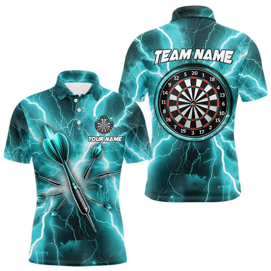Maxcorners Turquoise Thunder Lightning 3D Men Darts Polo & Quarter Zip Custom Dart Shirt For Men Dart Jersey
