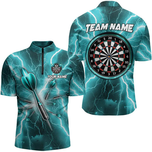 Maxcorners Turquoise Thunder Lightning 3D Men Darts Polo & Quarter Zip Custom Dart Shirt For Men Dart Jersey