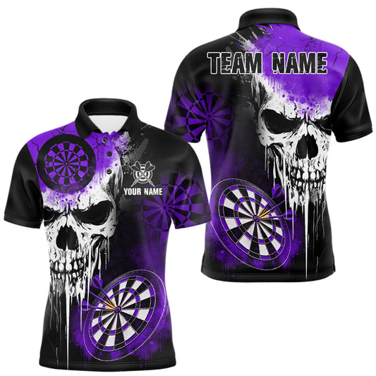 Maxcorners Personalized Purple Grunge Skull Darts Shirt For Men Custom Darts Jersey Team Polo & 1/4 Zip LM2704
