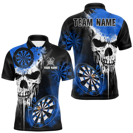 Maxcorners Personalized Blue Grunge Skull Darts Shirt For Men Custom Darts Jersey Team Polo & 1/4 Zip LM2704