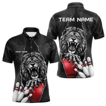 Maxcorners Personalized Lion Black Grunge Bowling Shirts For Men Custom Bowling Team Jersey Polo & 1/4 Zip LM2709