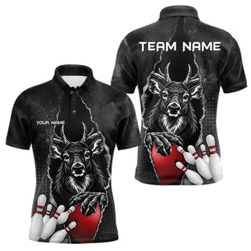Maxcorners Personalized Deer Black Grunge Bowling Shirts For Men Custom Bowling Team Jersey Polo & 1/4 Zip LM2709