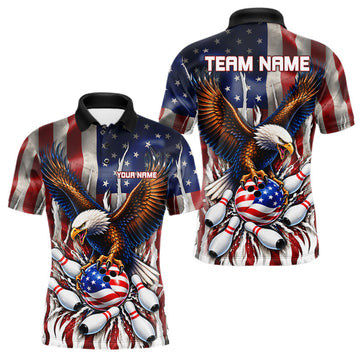 Maxcorners Custom American Flag Eagle Bowling Jersey For Men, Patriotic Bowling Team Shirts Polo & 1/4 Zip