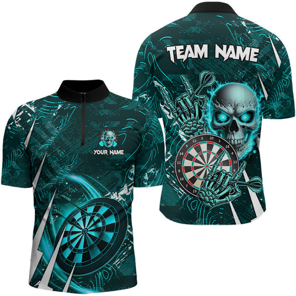 Maxcorners Turquoise 3D Skull Darts Shirts For Men Custom Cool Darts League Team Jerseys