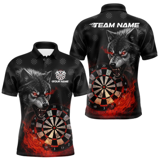 Maxcorners Black And Red Flaming Wolf Darts Polo & Quarter Zip For Men Custom Darts Team Jersey LM2901