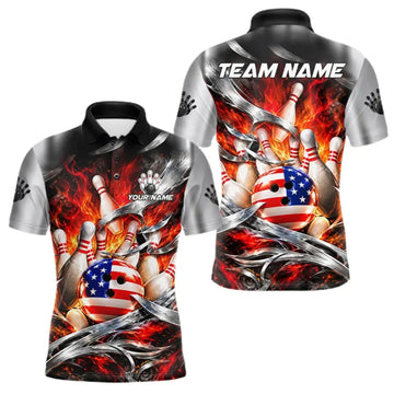 Maxcorners Custom Silver Orange Flame American Flag Bowling Shirts For Men, Bowling League Team Jersey LM2709