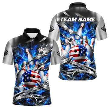 Maxcorners Custom Silver Blue Flame American Flag Bowling Shirts For Men, Bowling League Team Jersey LM2709
